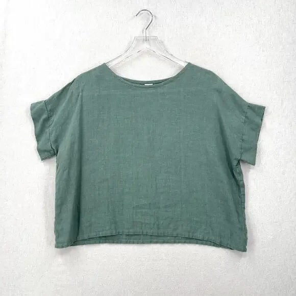 FOUND PATH Linen Market Boxy Tee Womens Small Spruce Square Top Short Sleeve - Picture 1 of 14